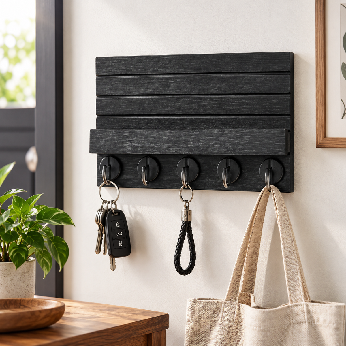 Black Wall Mail Organizer with 5 Key Hooks