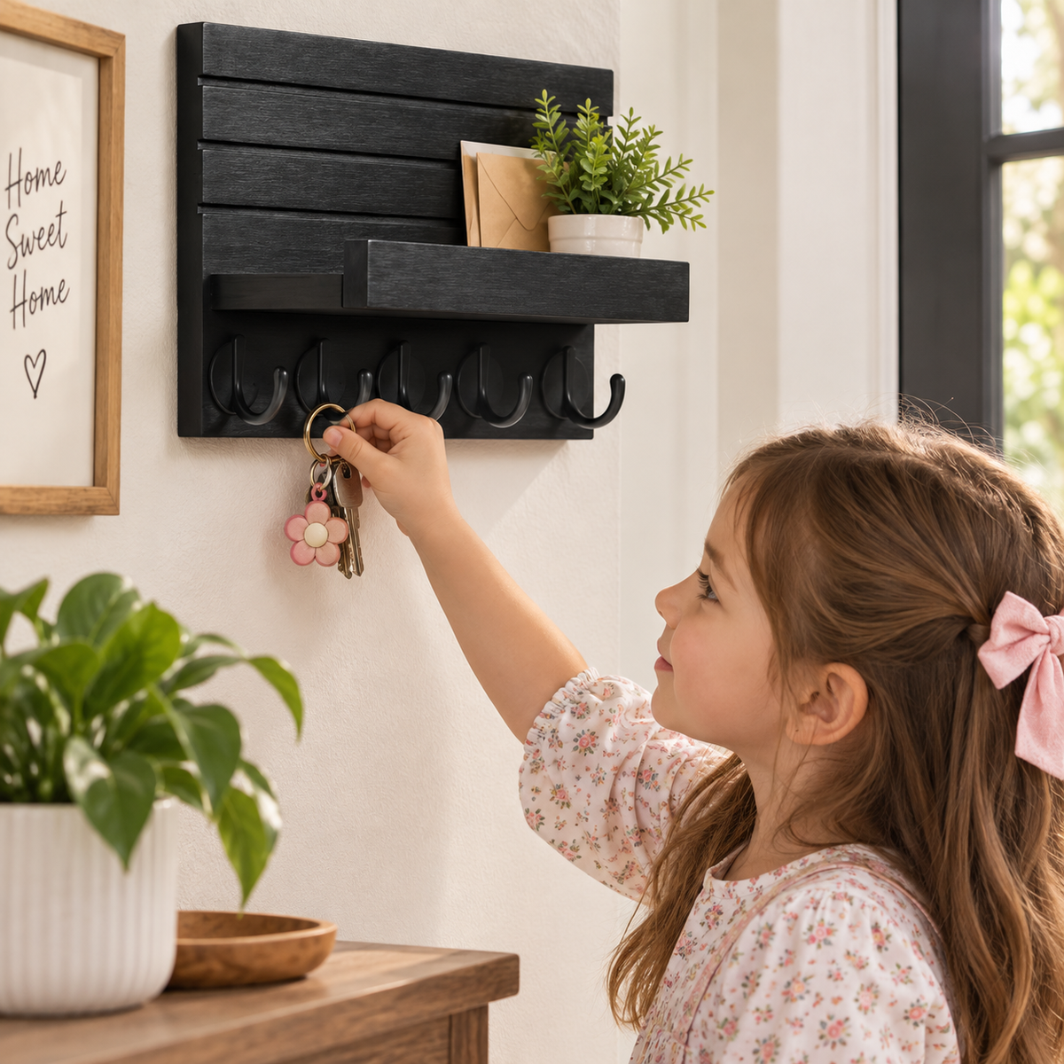 Black Wall Mail Organizer with 5 Key Hooks