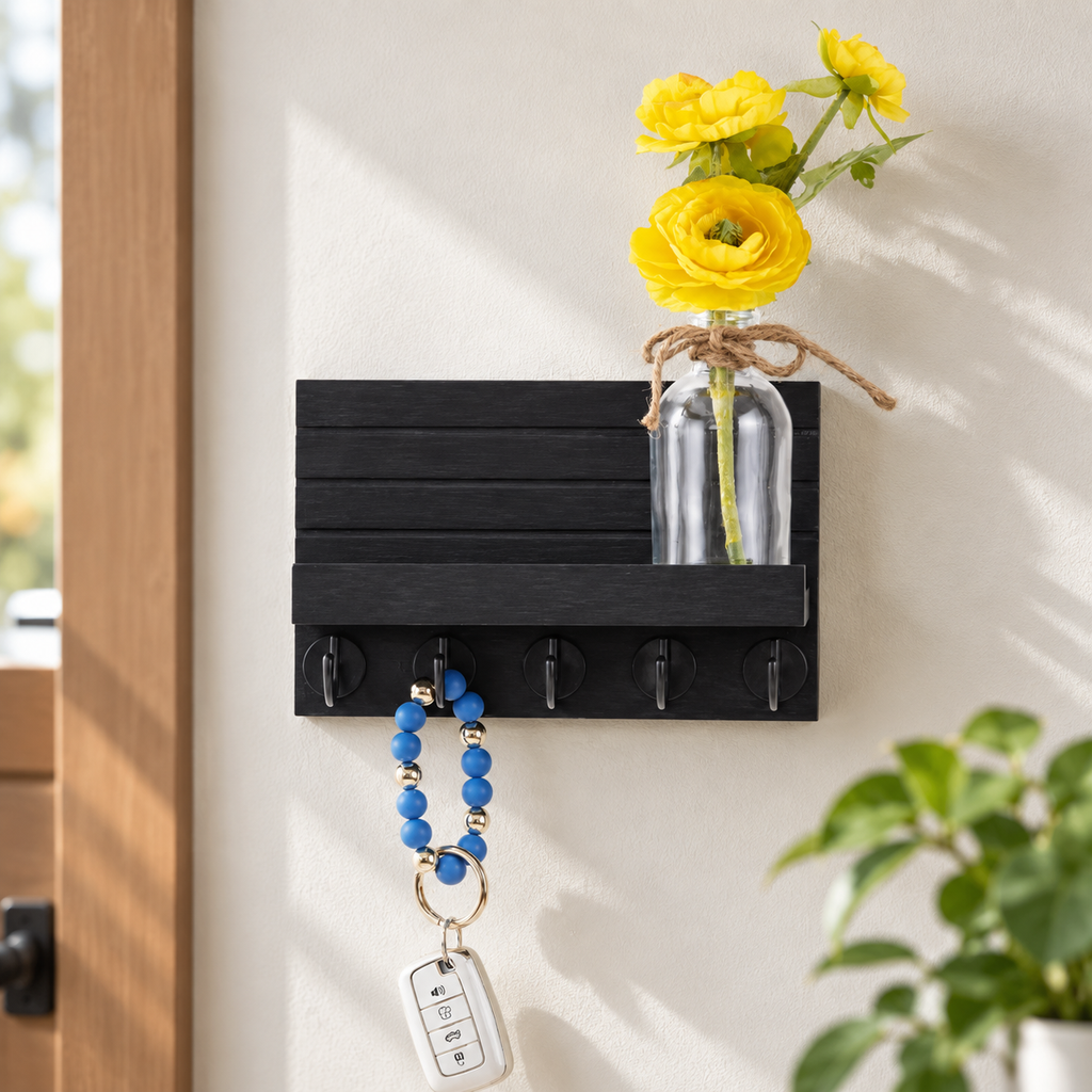 Black Wall Mail Organizer with 5 Key Hooks