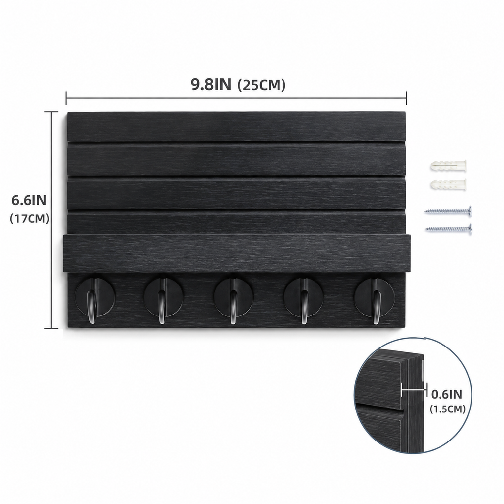 Black Wall Mail Organizer with 5 Key Hooks