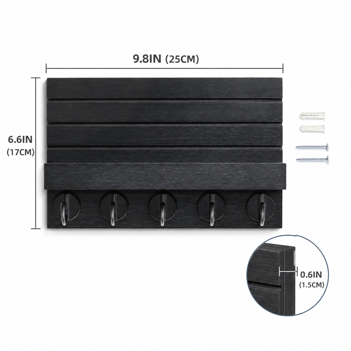 Black Wall Mail Organizer with 5 Key Hooks
