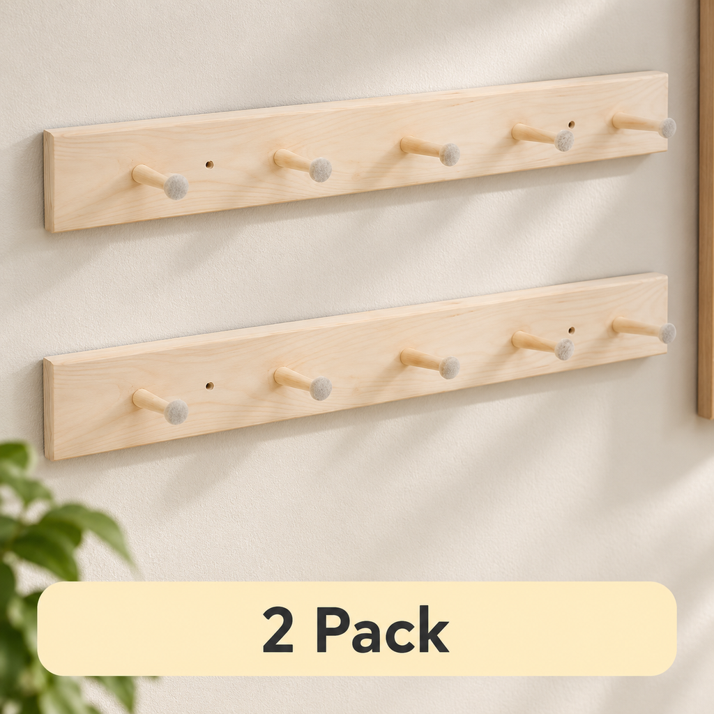 Natural Acacia Wood 5-Peg Rack – 2 Pack