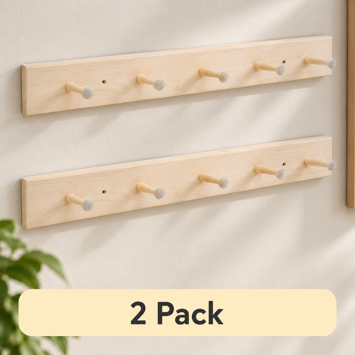 Natural Acacia Wood 5-Peg Rack – 2 Pack