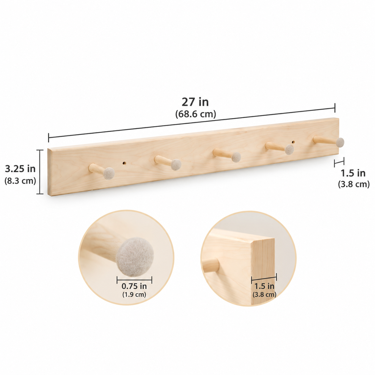 Natural Acacia Wood 5-Peg Rack – 2 Pack