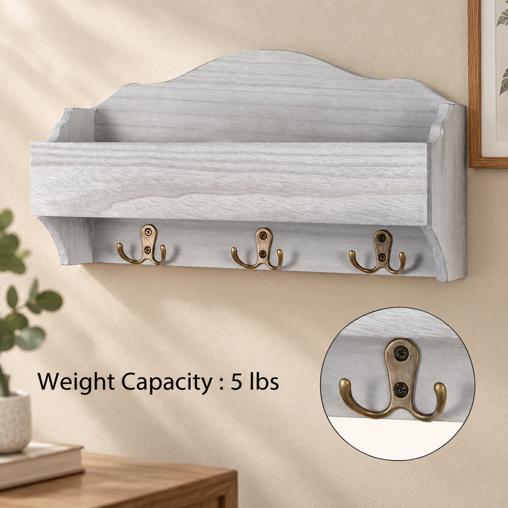 Wooden Wall Key Rack with 3 Double Hooks