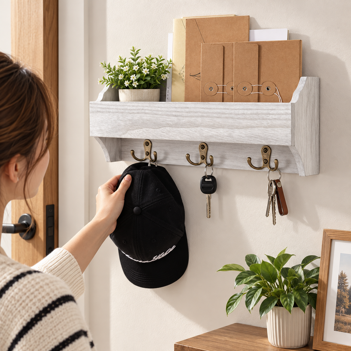 Wooden Wall Key Rack with 3 Double Hooks