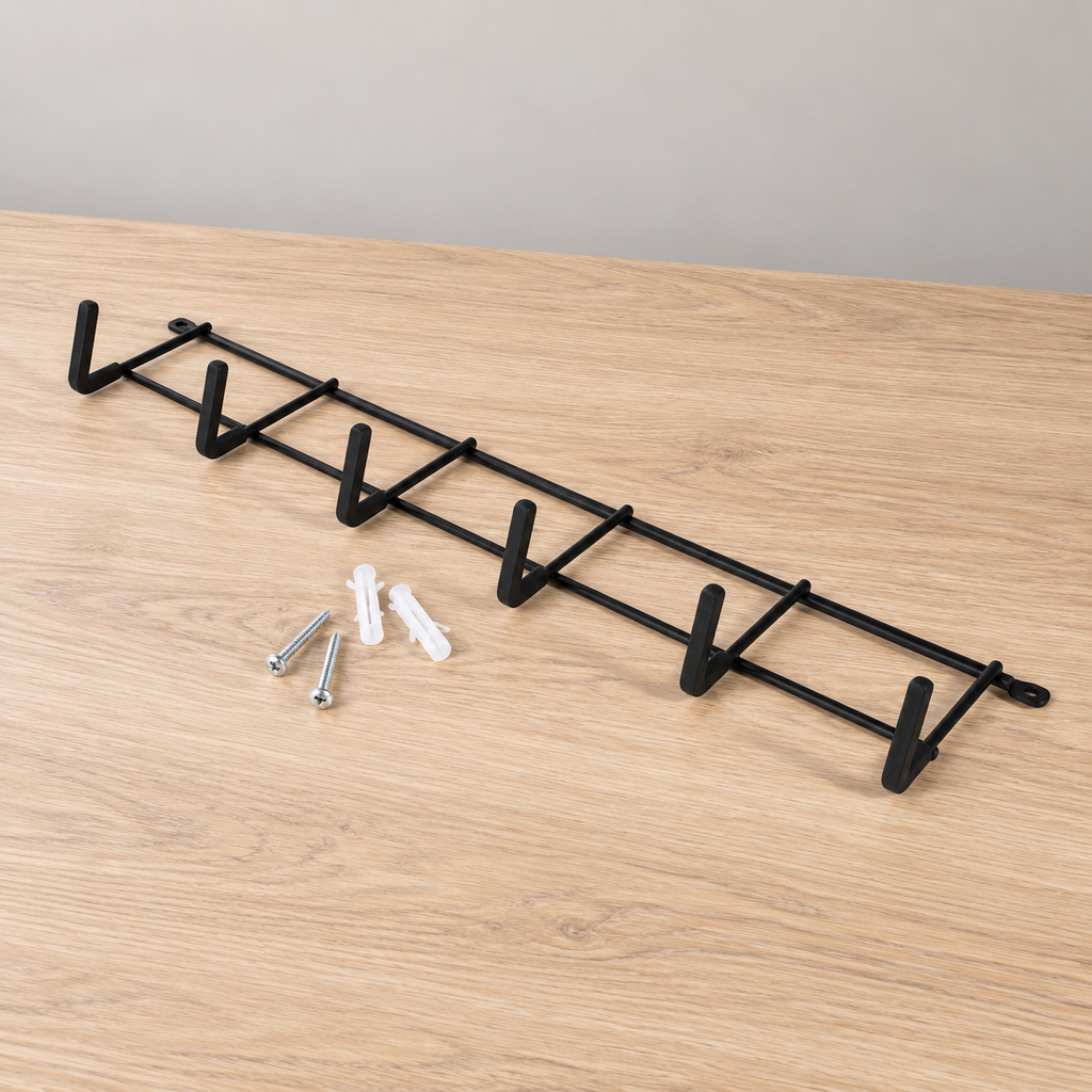 Black Steel 6-Hook Wall Rack
