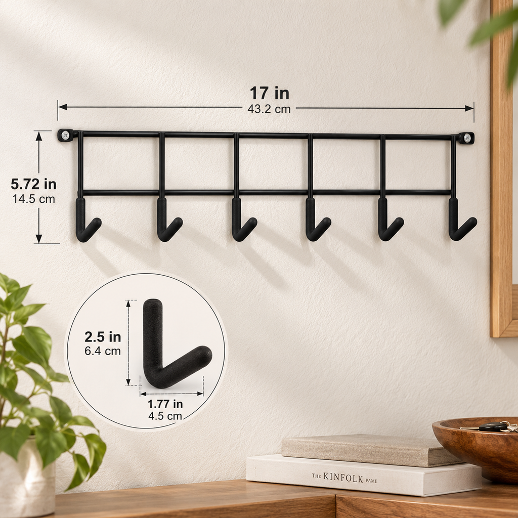 Black Steel 6-Hook Wall Rack