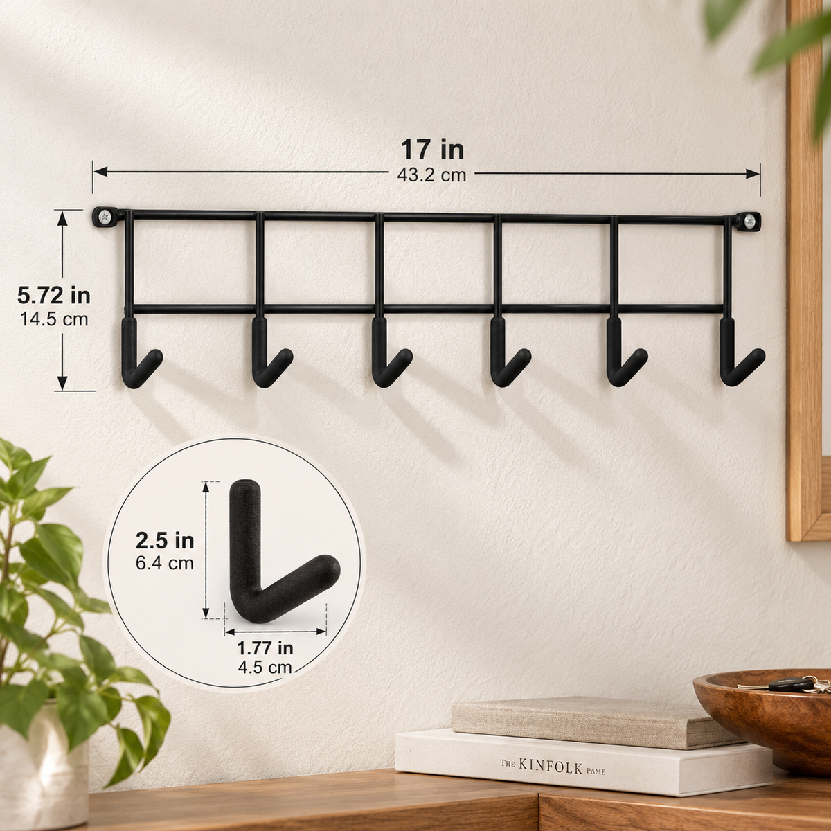 Black Steel 6-Hook Wall Rack