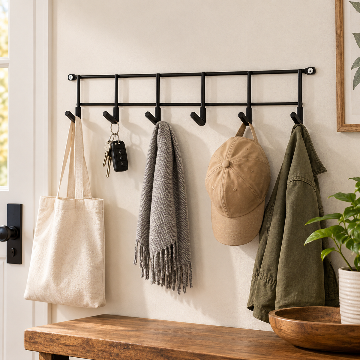 Black Steel 6-Hook Wall Rack