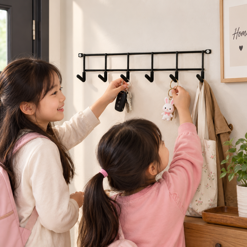 Black Steel 6-Hook Wall Rack