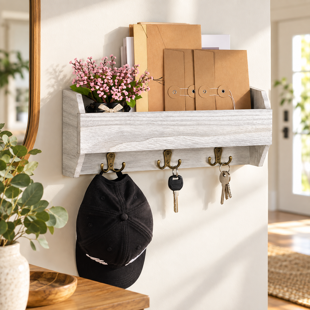 Wooden Wall Key Rack with 3 Double Hooks