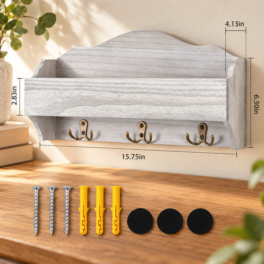 Wooden Wall Key Rack with 3 Double Hooks