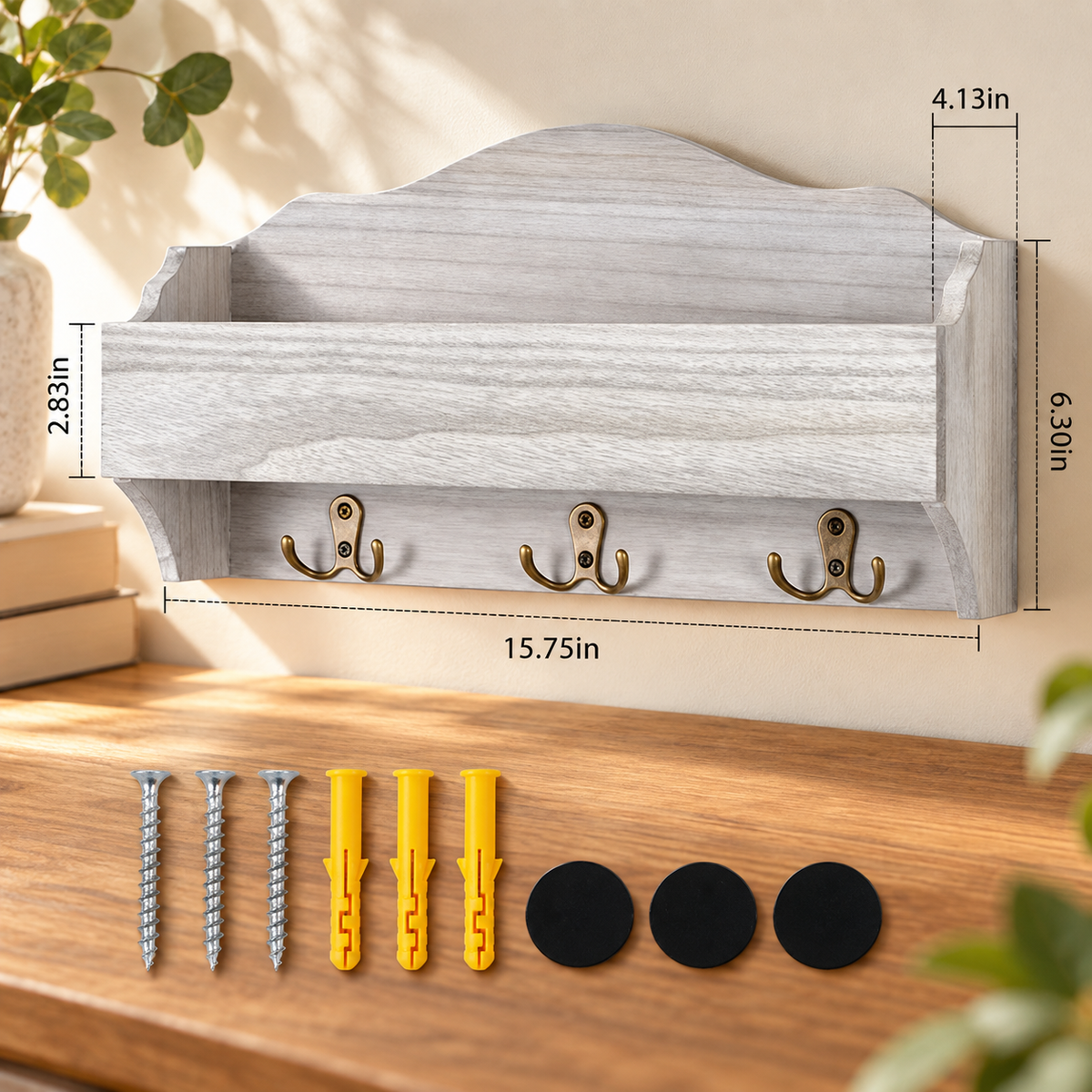 Wooden Wall Key Rack with 3 Double Hooks